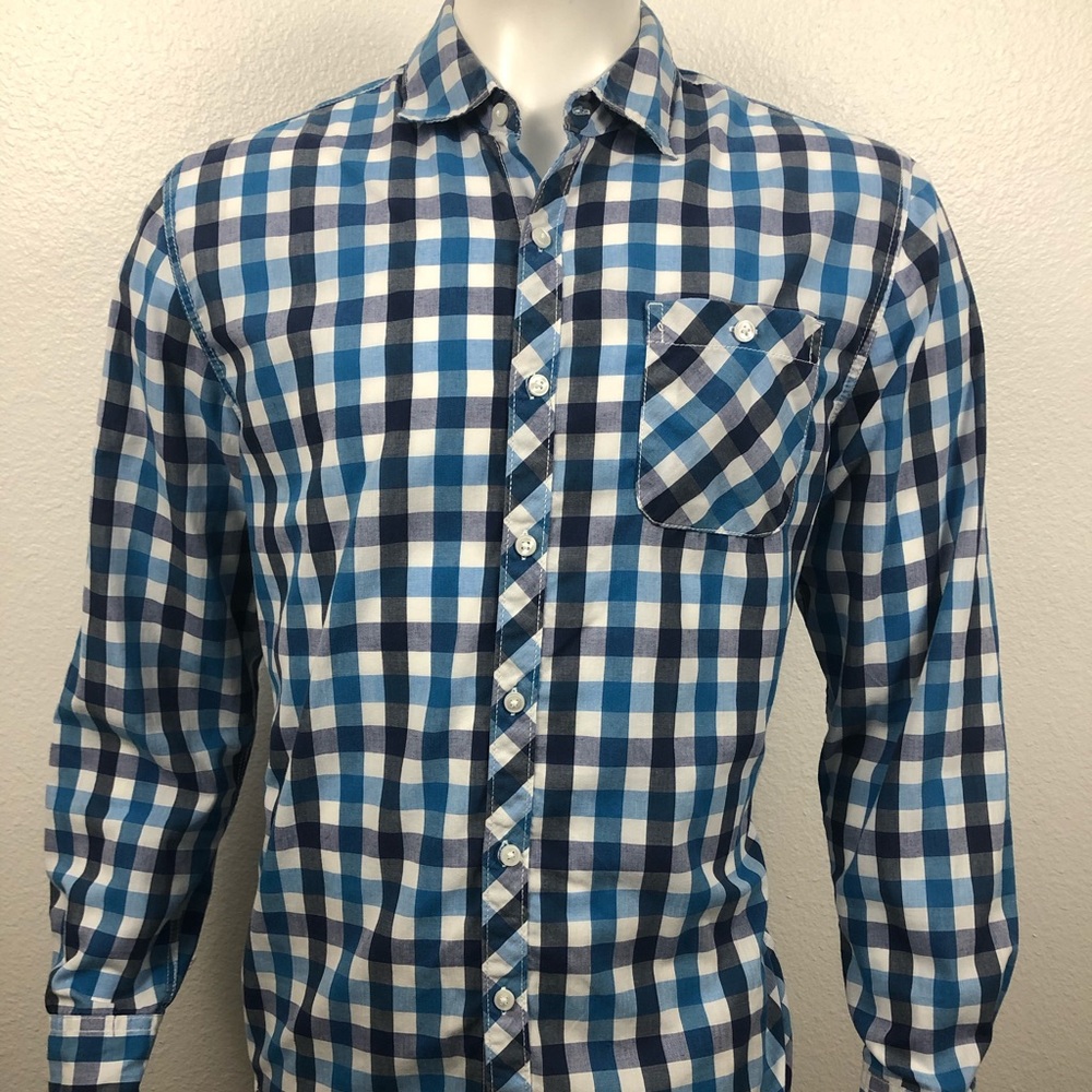MICHAEL BRANDON Blue White Plaid Floral Shirt Med